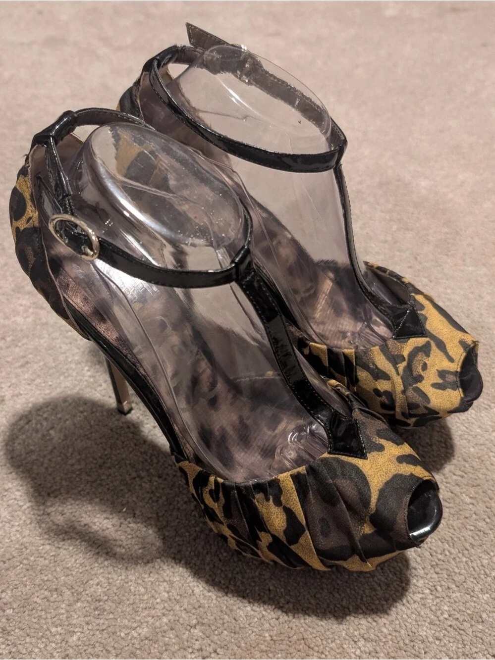 Women’s Black and Gold Leopard Print T-Strap Peep-Toe Heels